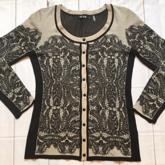 Nic+Zoe Taupe & Black Lace Look Button Front Cardigan Sweater Women’s small EUC - Picture 1 of 14